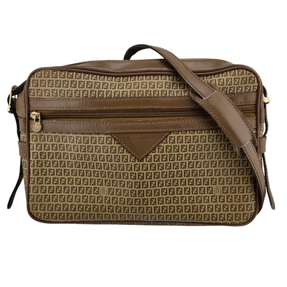 Fendi Vintage Zucca Monogram Crossbody Bag Brown Canvas Leather Camera Bag